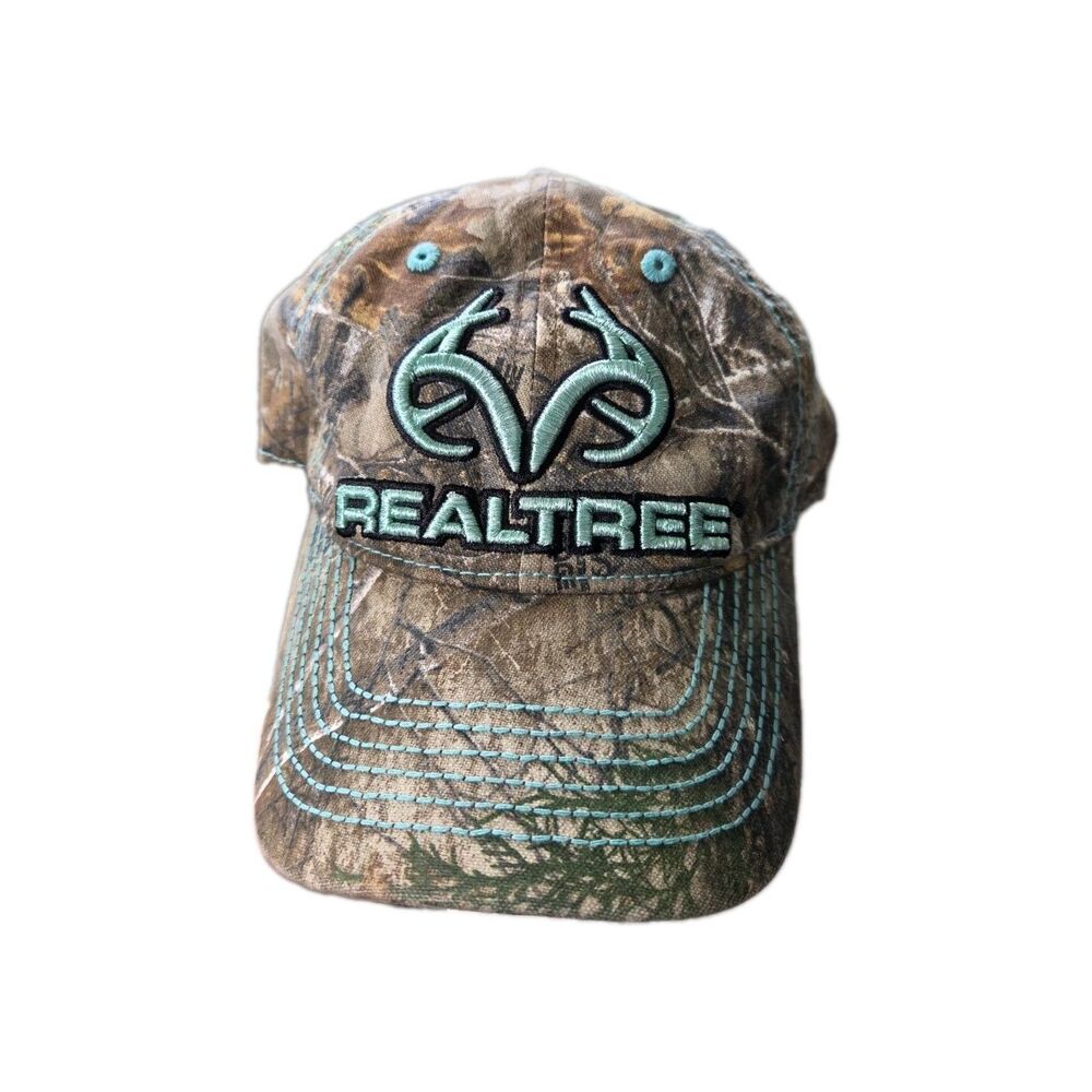 Realtree Camo Hat Aqua Logo Stitch Adjustable Hunting Outdoor Cap OSFM EUC